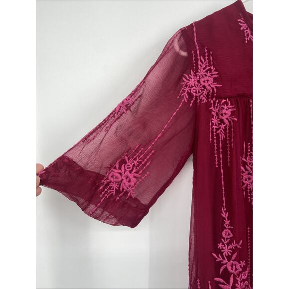 Sundance Cora Floral Embroidered Overlay Blouse Wineberry‎ Red Small Petite - Picture 2 of 6